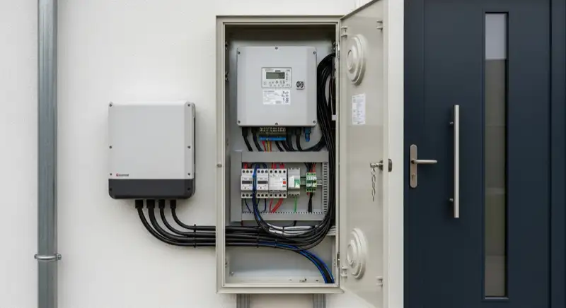 Modern German electrical meter cabinet (Zählerschrank) with smart meter and solar inverter connection, clean technical installation