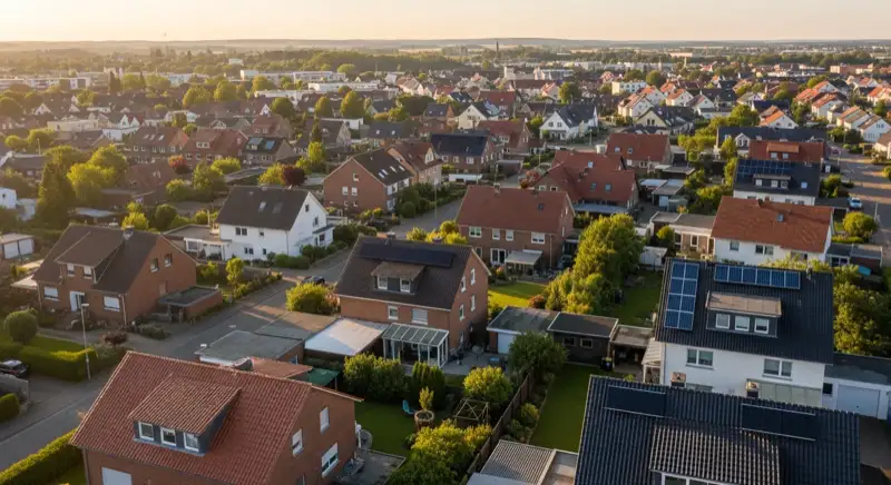 Aerial drone view of typical German residential neighborhood with mixed roof types, red and dark roof tiles, gardens visible, sunny day
