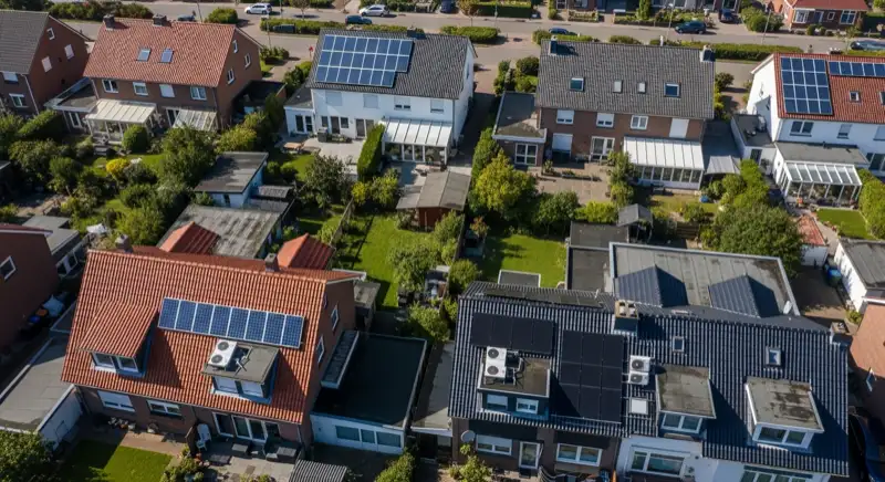 Aerial drone view of typical German residential neighborhood with mixed roof types, red and dark roof tiles, gardens visible, sunny day