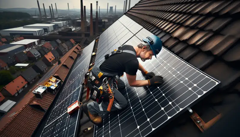 Nahaufnahme von Solarpanels bei der Installation auf einem Bochumer Hausdach