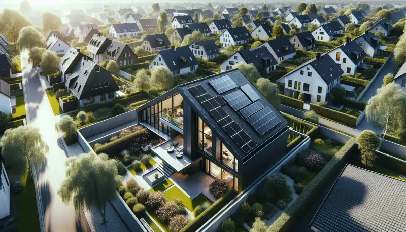 Einfamilienhaus mit moderner Photovoltaikanlage in Bochum, typische Ruhrgebiets Siedlung im Hintergrund