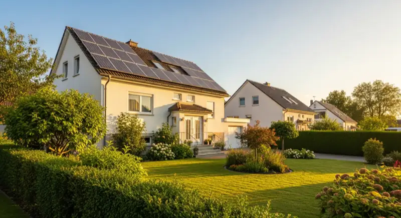 German detached house (Einfamilienhaus) with photovoltaic panels on pitched roof, well-maintained garden, warm afternoon sunlight