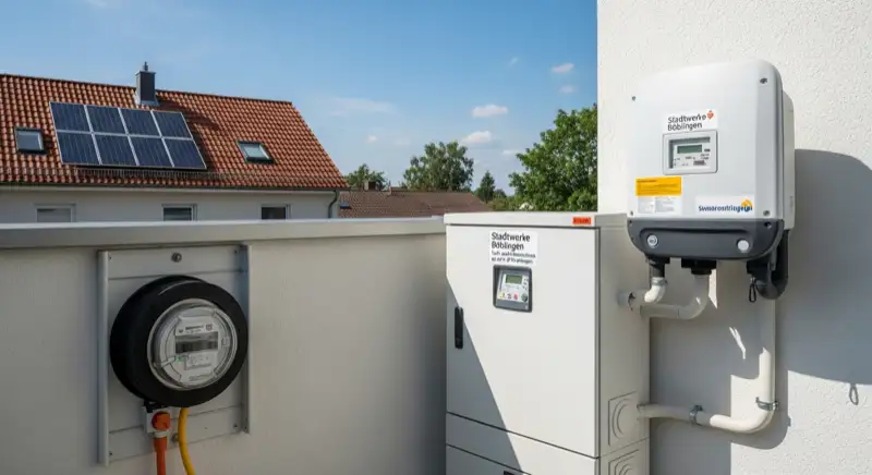 Modern German electrical meter cabinet (Zählerschrank) with smart meter and solar inverter connection, clean technical installation