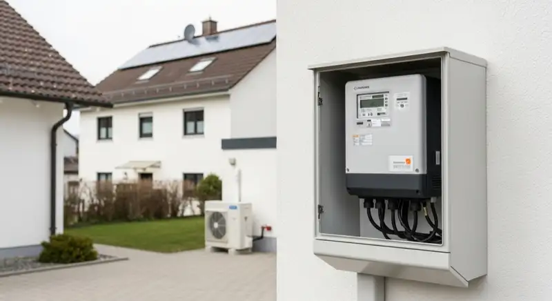 Modern German electrical meter cabinet (Zählerschrank) with smart meter and solar inverter connection, clean technical installation