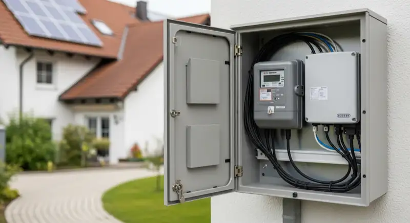 Modern German electrical meter cabinet (Zählerschrank) with smart meter and solar inverter connection, clean technical installation