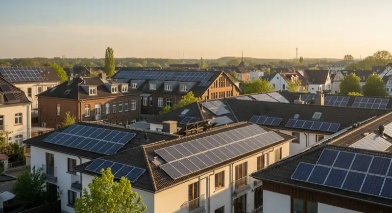 Historische Zechensiedlung in Bottrop-Batenbrock mit modernen Solaranlagen auf den Dächern