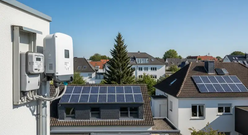 Modern German electrical meter cabinet (Zählerschrank) with smart meter and solar inverter connection, clean technical installation
