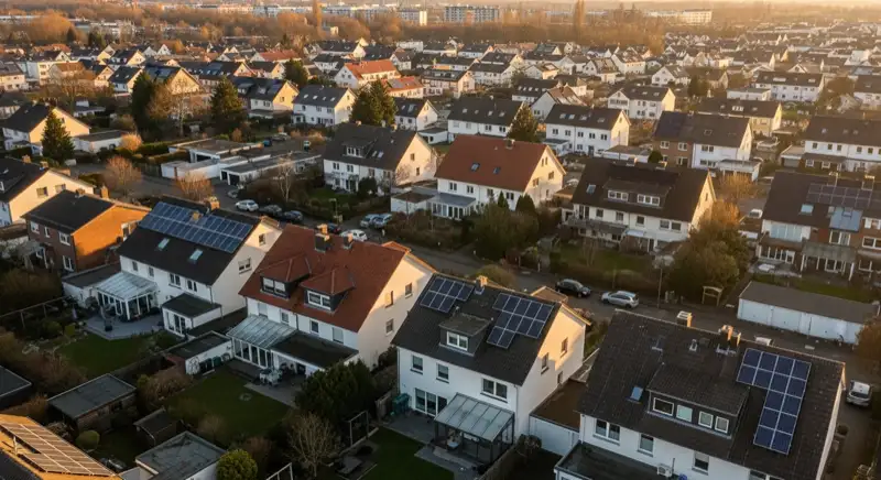 Aerial drone view of typical German residential neighborhood with mixed roof types, red and dark roof tiles, gardens visible, sunny day
