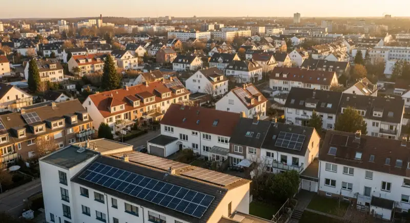 Aerial drone view of typical German residential neighborhood with mixed roof types, red and dark roof tiles, gardens visible, sunny day