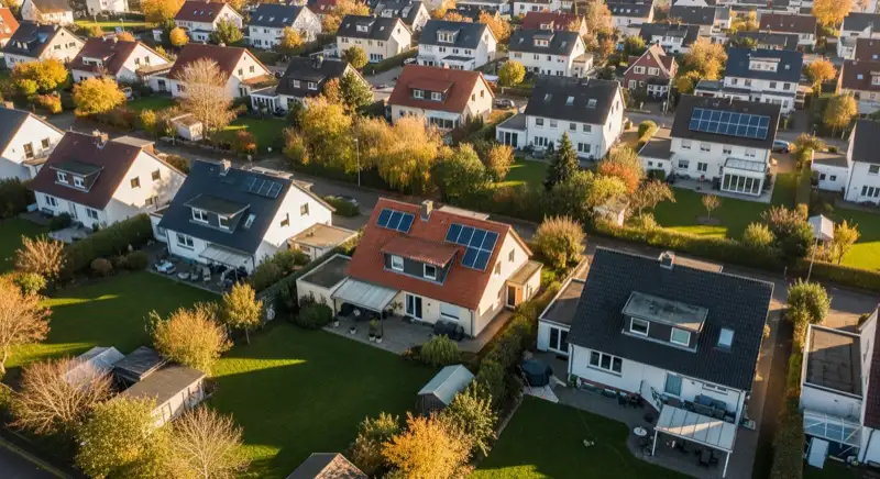 Aerial drone view of typical German residential neighborhood with mixed roof types, red and dark roof tiles, gardens visible, sunny day