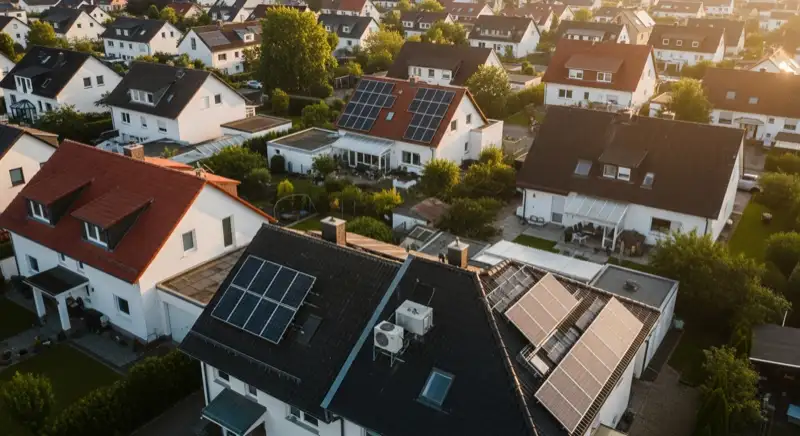 Aerial drone view of typical German residential neighborhood with mixed roof types, red and dark roof tiles, gardens visible, sunny day