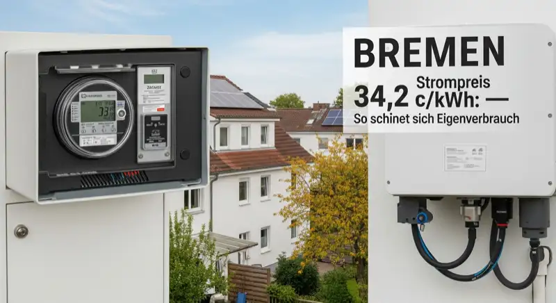 Modern German electrical meter cabinet (Zählerschrank) with smart meter and solar inverter connection, clean technical installation