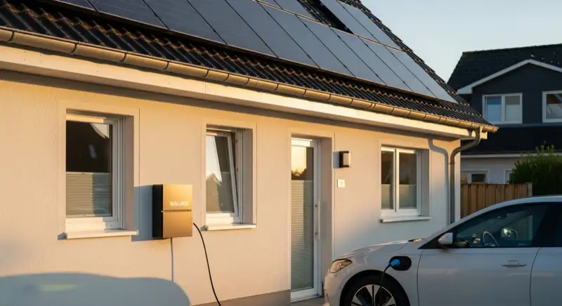 Wallbox an einem Bremer Einfamilienhaus mit PV-Anlage auf dem Dach und E-Auto beim Laden