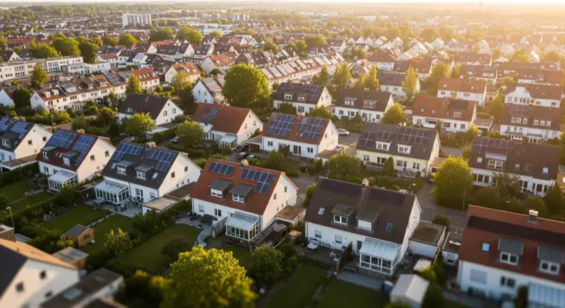 Aerial drone view of typical German residential neighborhood with mixed roof types, red and dark roof tiles, gardens visible, sunny day