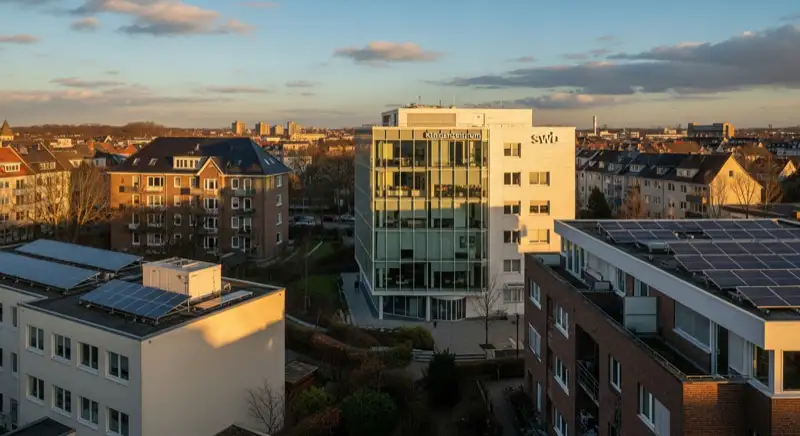 swb Kundenzentrum Bremen Gebäude in der Theodor-Heuss-Allee mit Glasfassade und swb Logo