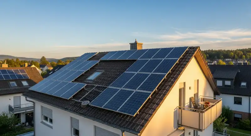 Einfamilienhaus in Bruchsal mit Photovoltaikanlage auf klassischem Schrägdach vor blauem Himmel