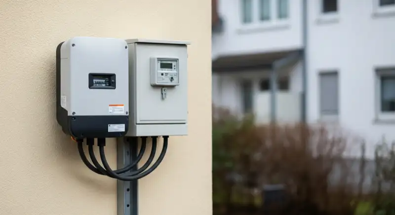Modern German electrical meter cabinet (Zählerschrank) with smart meter and solar inverter connection, clean technical installation