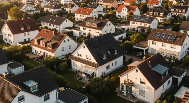 Aerial drone view of typical German residential neighborhood with mixed roof types, red and dark roof tiles, gardens visible, sunny day