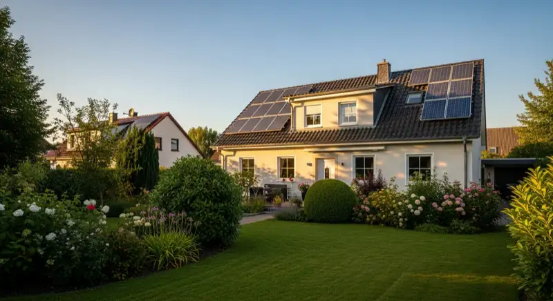 German detached house (Einfamilienhaus) with photovoltaic panels on pitched roof, well-maintained garden, warm afternoon sunlight