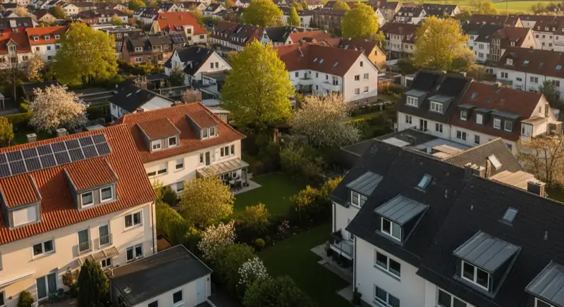 Aerial drone view of typical German residential neighborhood with mixed roof types, red and dark roof tiles, gardens visible, sunny day