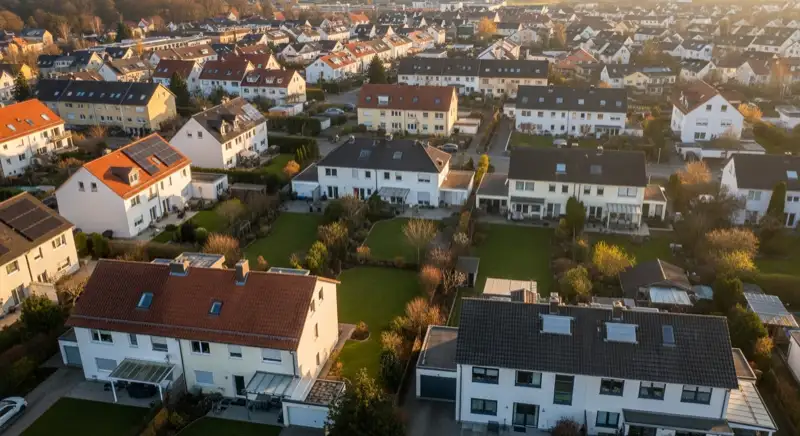 Aerial drone view of typical German residential neighborhood with mixed roof types, red and dark roof tiles, gardens visible, sunny day