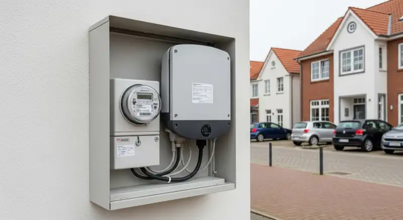Modern German electrical meter cabinet (Zählerschrank) with smart meter and solar inverter connection, clean technical installation