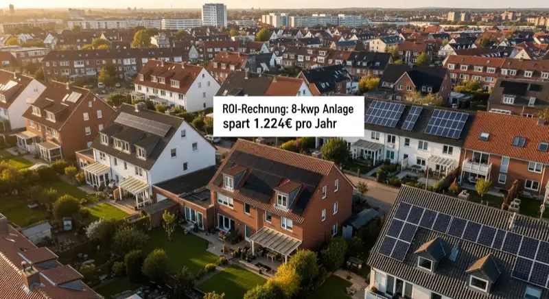 Aerial drone view of typical German residential neighborhood with mixed roof types, red and dark roof tiles, gardens visible, sunny day
