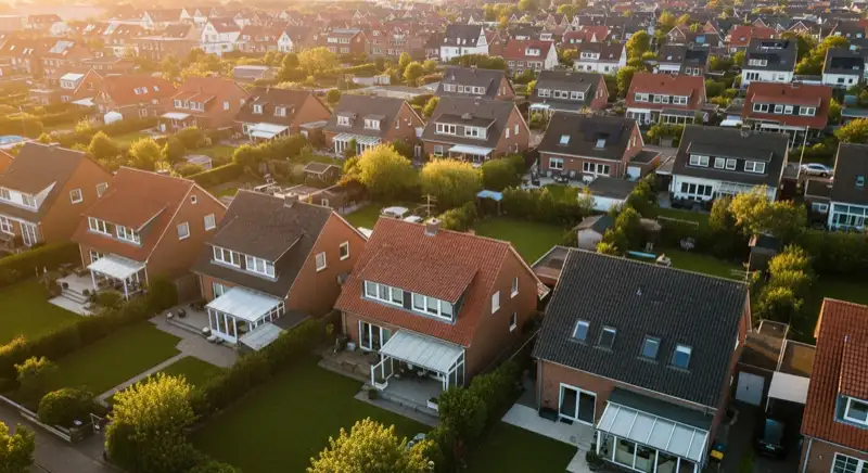 Aerial drone view of typical German residential neighborhood with mixed roof types, red and dark roof tiles, gardens visible, sunny day
