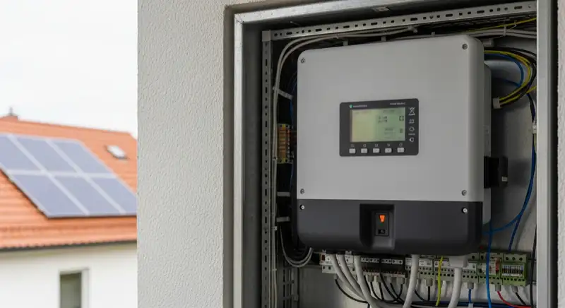 Modern German electrical meter cabinet (Zählerschrank) with smart meter and solar inverter connection, clean technical installation