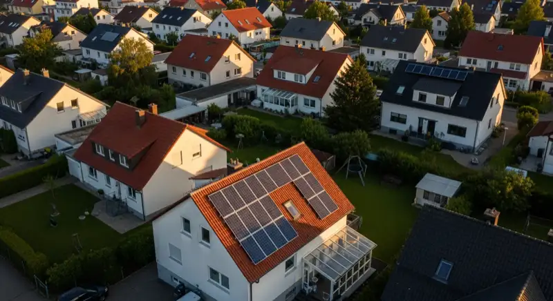 Aerial drone view of typical German residential neighborhood with mixed roof types, red and dark roof tiles, gardens visible, sunny day