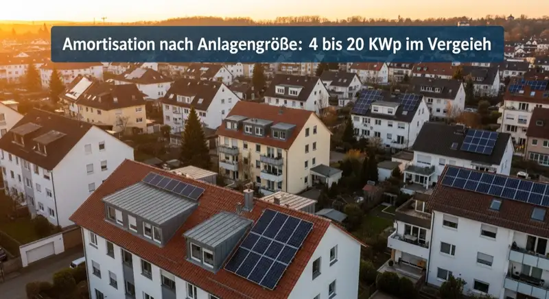 Aerial drone view of typical German residential neighborhood with mixed roof types, red and dark roof tiles, gardens visible, sunny day