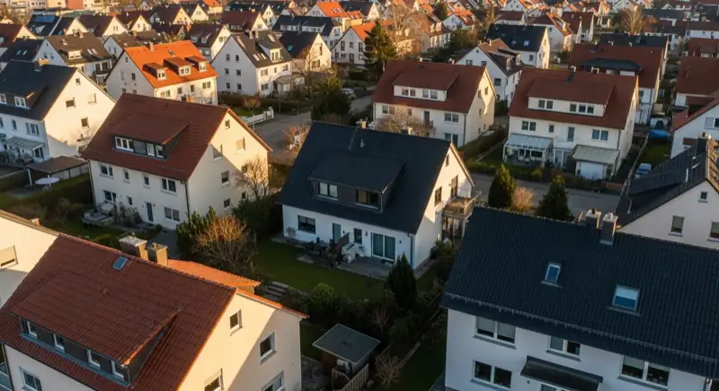 Aerial drone view of typical German residential neighborhood with mixed roof types, red and dark roof tiles, gardens visible, sunny day
