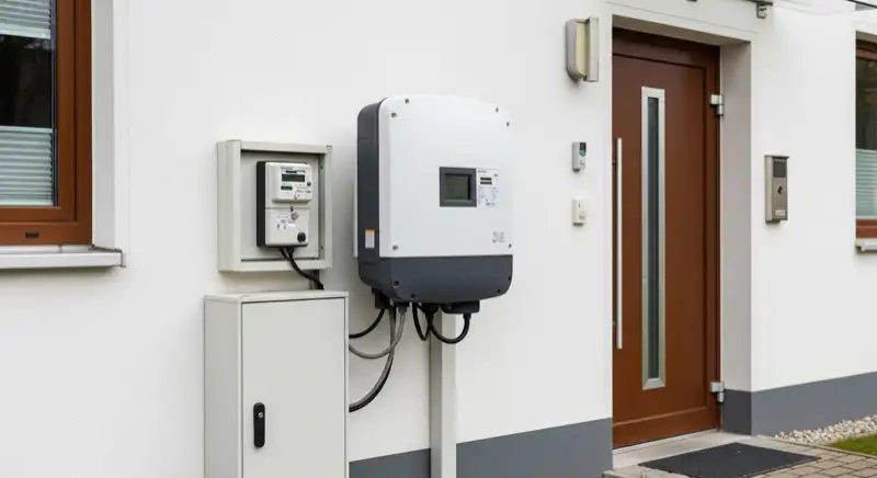Modern German electrical meter cabinet (Zählerschrank) with smart meter and solar inverter connection, clean technical installation
