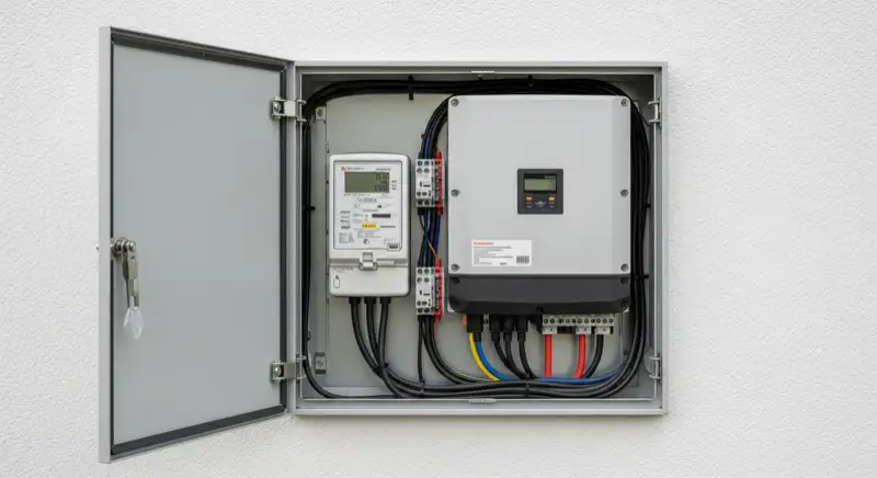Modern German electrical meter cabinet (Zählerschrank) with smart meter and solar inverter connection, clean technical installation