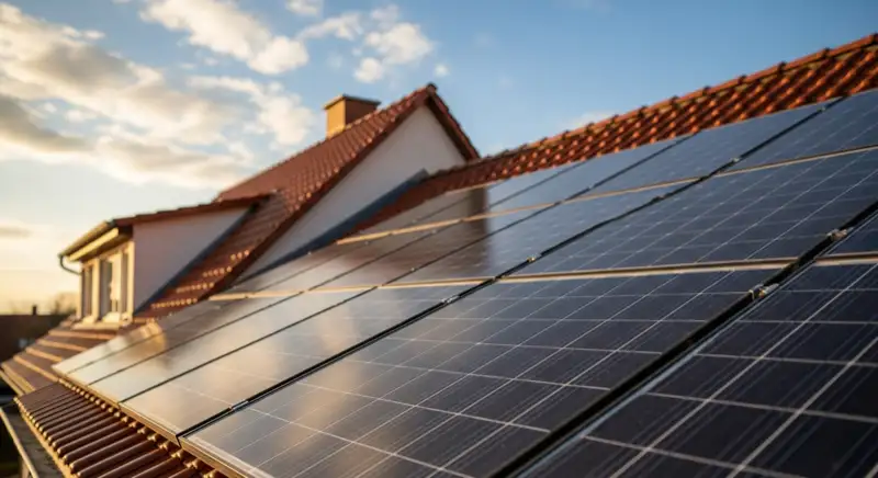 Close-up of photovoltaic solar panels installed on a traditional German Satteldach (gabled roof), blue sky with some clouds