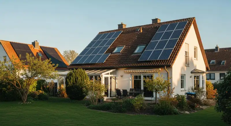 German detached house in Dessau-Roßlau with photovoltaic panels on a pitched roof and tidy garden, realistic exterior photography, no people and no text