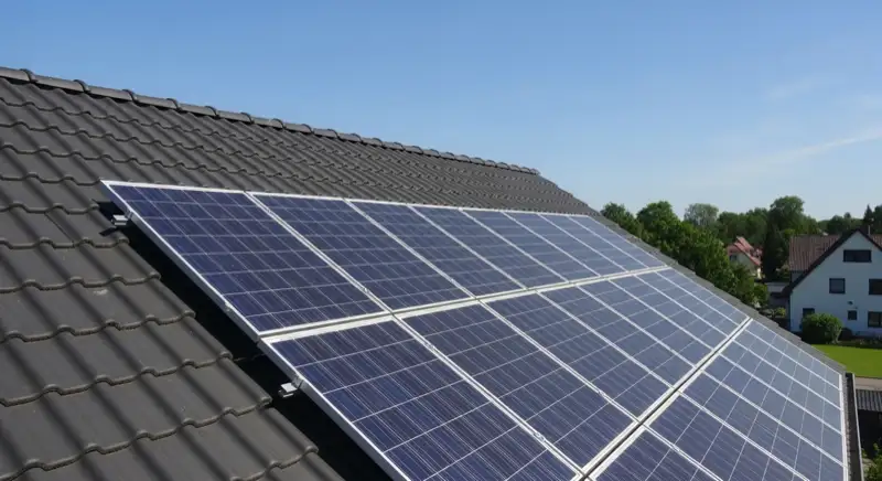 Close-up of photovoltaic solar panels installed on a traditional German Satteldach (gabled roof), blue sky with some clouds