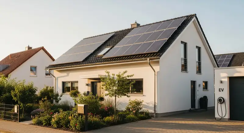 Modern EV wallbox charger on a garage wall beside a German detached house with photovoltaic panels, no vehicle branding