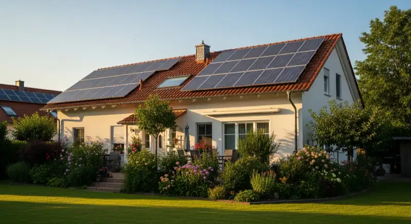 German detached house (Einfamilienhaus) with photovoltaic panels on pitched roof, well-maintained garden, warm afternoon sunlight