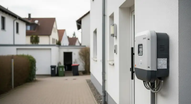 Modern German electrical meter cabinet (Zählerschrank) with smart meter and solar inverter connection, clean technical installation