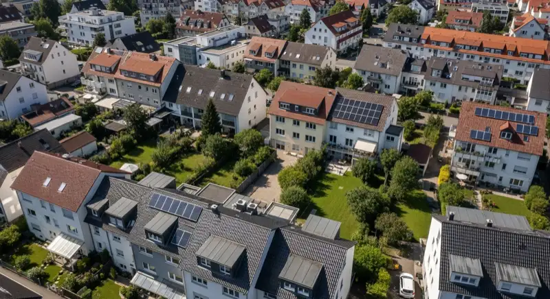 Aerial drone view of typical German residential neighborhood with mixed roof types, red and dark roof tiles, gardens visible, sunny day