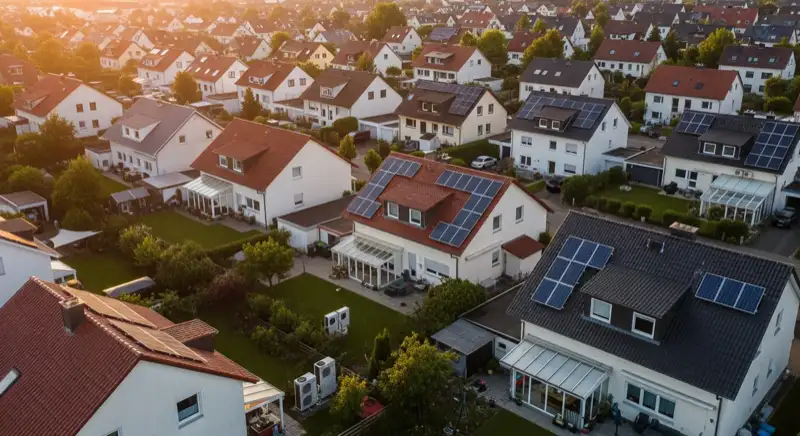Aerial drone view of typical German residential neighborhood with mixed roof types, red and dark roof tiles, gardens visible, sunny day