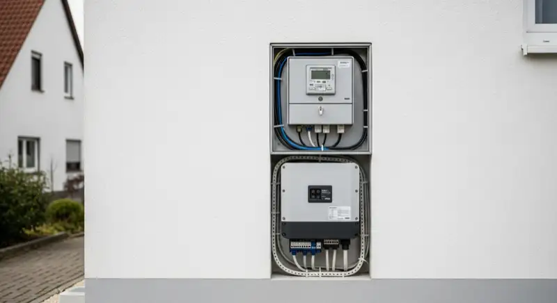 Modern German electrical meter cabinet (Zählerschrank) with smart meter and solar inverter connection, clean technical installation