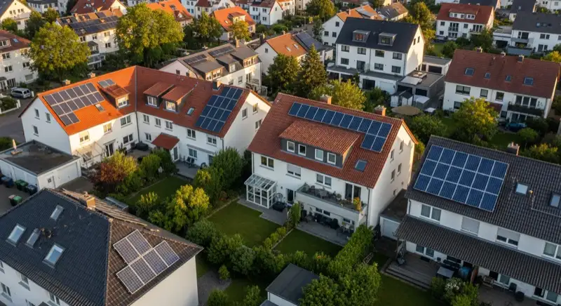 Aerial drone view of typical German residential neighborhood with mixed roof types, red and dark roof tiles, gardens visible, sunny day