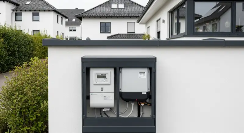 Modern German electrical meter cabinet (Zählerschrank) with smart meter and solar inverter connection, clean technical installation