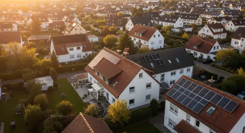 Aerial drone view of typical German residential neighborhood with mixed roof types, red and dark roof tiles, gardens visible, sunny day
