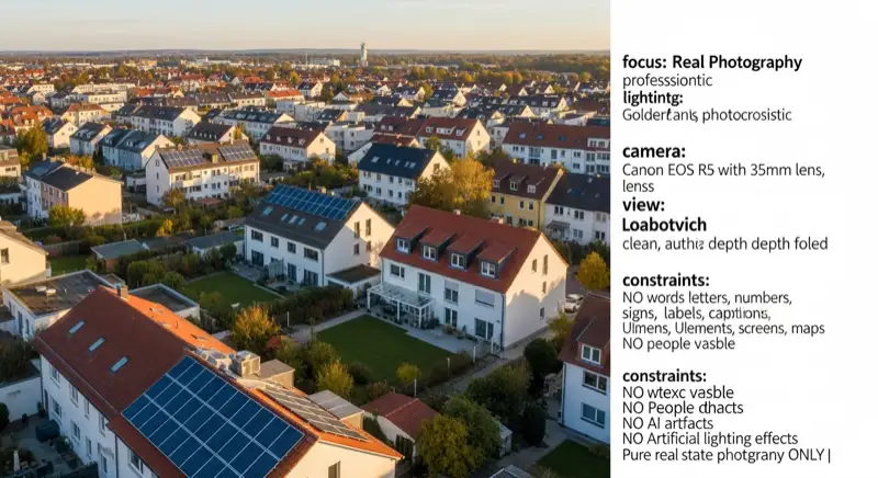 Aerial drone view of typical German residential neighborhood with mixed roof types, red and dark roof tiles, gardens visible, sunny day