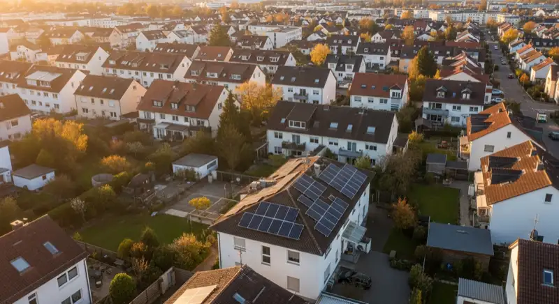 Aerial drone view of typical German residential neighborhood with mixed roof types, red and dark roof tiles, gardens visible, sunny day