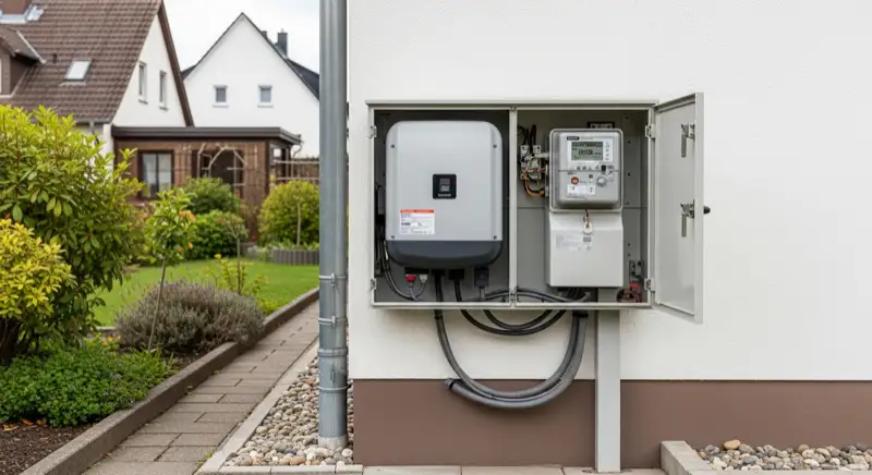 Modern German electrical meter cabinet (Zählerschrank) with smart meter and solar inverter connection, clean technical installation