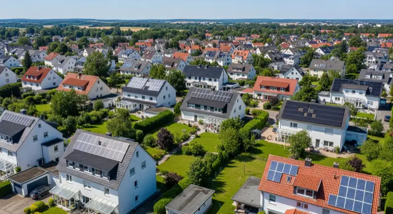 Aerial drone view of typical German residential neighborhood with mixed roof types, red and dark roof tiles, gardens visible, sunny day